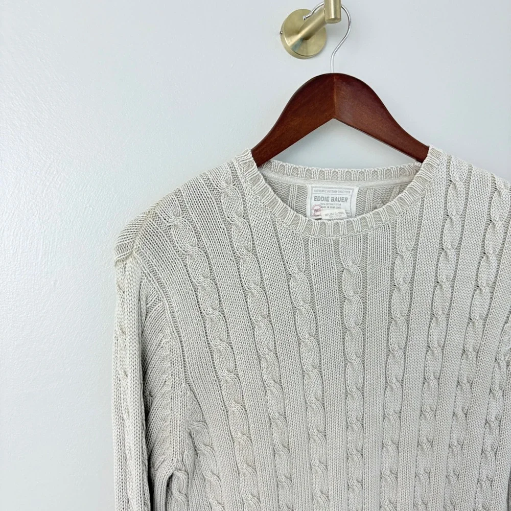 VTG Eddie Bauer Cotton Sweater Fisherman Beige‎ Cable Knit Men's L Classic TSITP - Picture 4 of 10